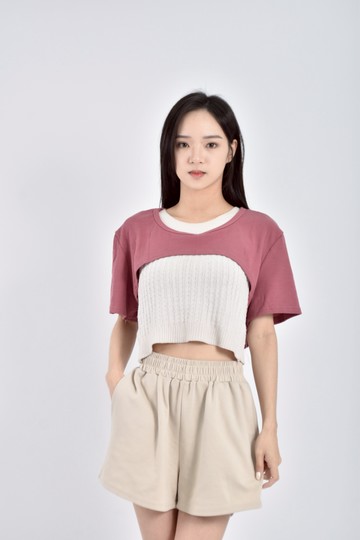 加購優惠(M) 修身短版鏤空紅色短袖上衣