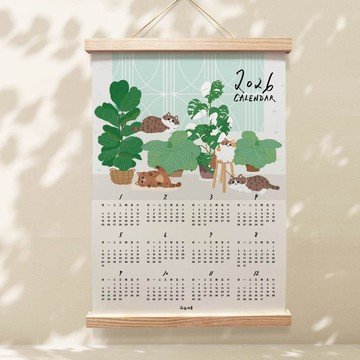森蕗插畫 新款 2026年曆貓咪植物系掛曆海報 聖誕禮物2026月曆
