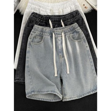 牛仔短褲男士夏季薄款中褲潮流美式潮牌松緊腰直筒褲子休閑五分褲