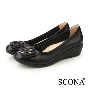 SCONA 蘇格南 全真皮 簡約舒適蝴蝶結楔型鞋 黑色 31323-1