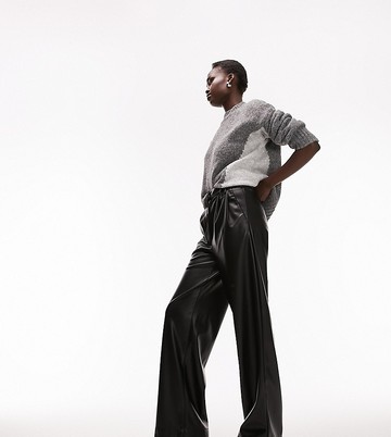 Topshop Tall faux leather super wide tailored trouser in black