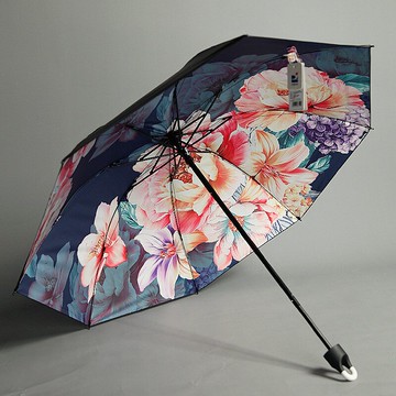 百盛洋傘女 掛扣手柄不透光黑膠傘三折復古風花朵防紫外線遮陽傘