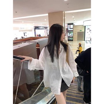 松弛感白色亞麻防曬襯衫女夏慵懶寬松翻領棉麻開衫薄外套襯衣上衣