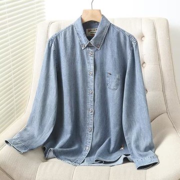 垂感天絲牛仔襯衫女薄款2024年新款長袖襯衣外套寬松休閑百搭上衣