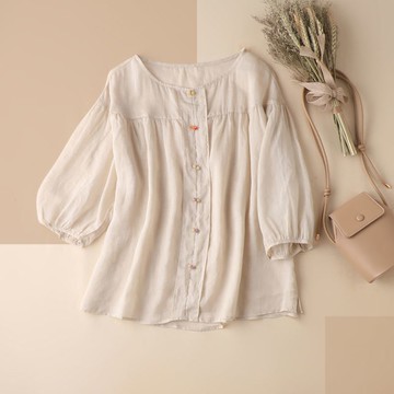 棉麻T恤女夏季新款韓版寬松文藝小清新小衫七分袖復古上衣女