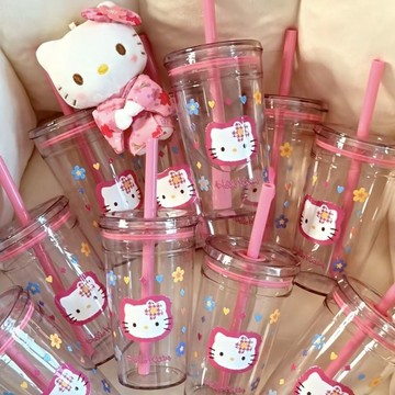 ✨臺灣出貨✨粉系可愛卡通HelloKitty咖啡杯高顏值吸管杯學生辦公居家塑料杯