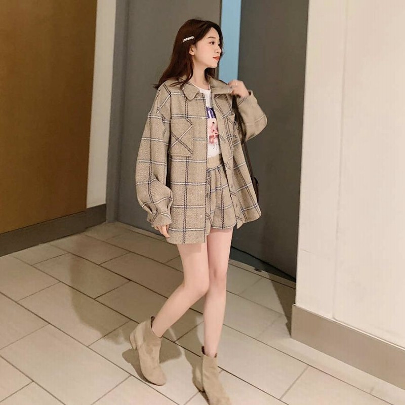 レディース 韓国ファッション セット チェック柄 ショート丈
