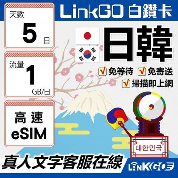LINKGO白鑽卡 日韓 eSIM卡 5天上網 每日1GB 高速流量(日本網卡 大阪 東京 韓國網卡 首爾 釜山)