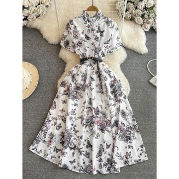 高級感名媛氣質短袖立領收腰顯瘦a字水墨印花連衣裙優雅大擺長裙