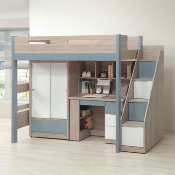 Boden-伍迪3.5尺單人多功能高架床/高層床架組-加高款(高180cm-床架+衣櫃+書桌+收納樓梯櫃)