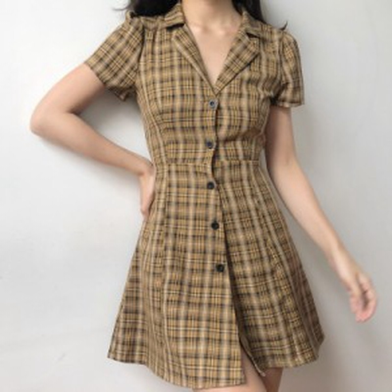 シャツワンピース ひざ丈 体型カバー タータンチェック柄 半袖 フレア レトロ 大人可愛い ガーリー カジュアル 韓国ファッション トレン 通販 Lineポイント最大1 0 Get Lineショッピング