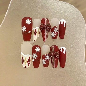 💥新年戰甲❤️新年小雪花花環ins風紅色系平面背膠指甲貼穿戴甲