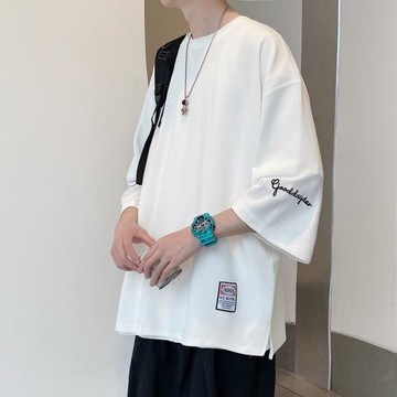 夏季冰絲短袖T恤男七分袖潮流寬松設計感潮牌大碼蝙蝠袖刺繡上衣