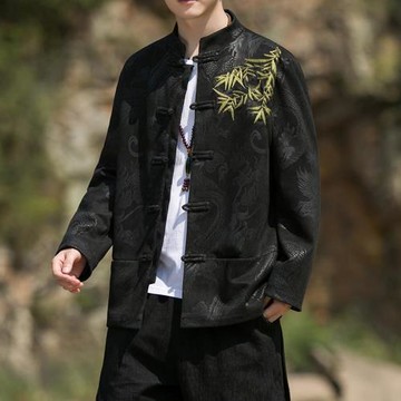 中國風刺繡麂皮絨外套男春秋新中式復古盤扣上衣男唐裝青年中山裝