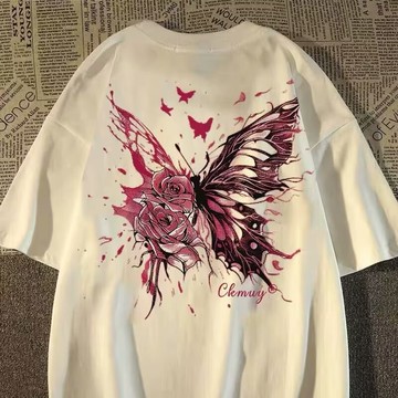 歐美高街暗黑玫瑰蝴蝶印花短袖T恤 夏季新款 五分袖 寬鬆休閒 百搭 大尺碼 半袖  短T上衣（XB1216）【壹號站】