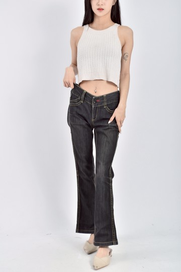 加購優惠(L) brappers質感丹寧牛仔棉質低腰撞色縫線深藍色長褲