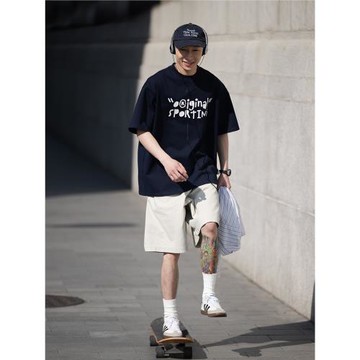 BELLKENIDEA 純棉寬松趣味字母印花圖形印花休閑百搭情侶短袖T恤