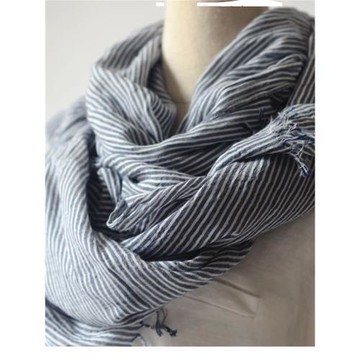 日系簡約干凈清新文藝條紋棉麻圍巾 咖黑藍色經典色男女披肩紗巾