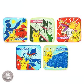 日本西松屋 - 純棉上學擦手巾/手帕(5入組)-卡通人物寶可夢-戰鬥款 (16×16cm)