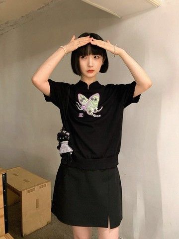 原創設計新中式立領飛蛾提花微透薄款針織半袖黑色上衣