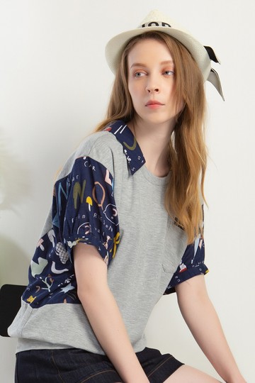 MW 襯衫領拚接落肩印花上衣