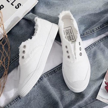 松緊帶帆布鞋女復古港味韓版小白鞋女2025春秋季透氣一腳蹬板鞋女