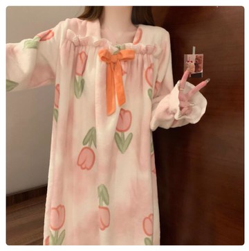 家居服珊瑚絨睡裙女冬季加厚加絨法蘭絨新中式水墨高級睡衣秋冬天【步行者戶外生活館】