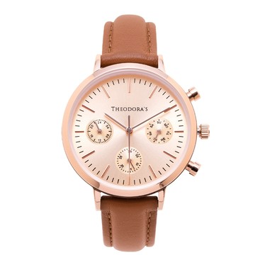 Apollo 中性三眼真皮腕錶[小錶面] 三眼粉膚-真皮橘棕