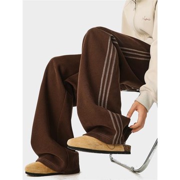 320g重磅咖色條紋運動衛褲男秋冬新款潮牌寬松直筒闊腿休閑長褲子