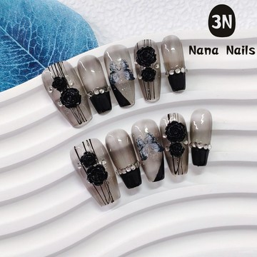 ➕大簡美甲💅手工穿戴甲冰透美甲黑綫黑山茶花蝴蝶閃鑽珍珠假指甲貼片跨境熱銷長款穿戴甲 UJEG
