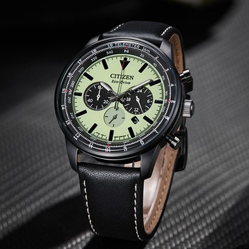 CITIZEN 星辰 綠幽靈夜光光動能三眼計時手錶-黑x藍(CA4505-21X)