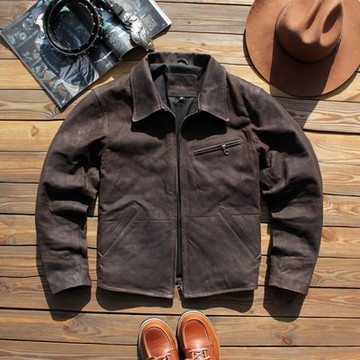 [米蘭精品] 真皮皮衣機車夾克-羊皮翻領水洗休閒男外套74jo11