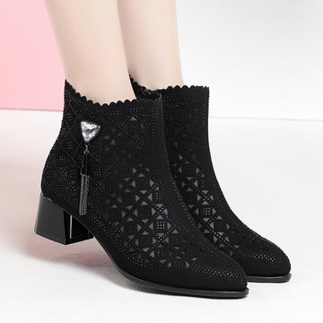 短靴女新款春秋季粗跟馬丁靴單靴涼靴真皮中跟鏤空網靴百搭女鞋子
