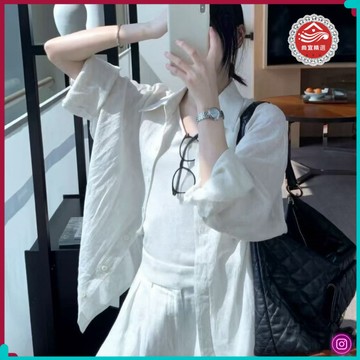 🎀修身上衣🎀襯衫白色法式棉感防曬襯衣休閒上衣慵懶薄款寬鬆夏季超僊外套開衫 BCFH