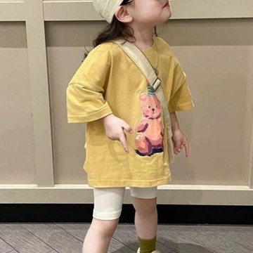 【台灣出貨】夏季新款女童中長款T恤韓版兒童夏季圓領休閒寬鬆純棉套裝寶寶廠
