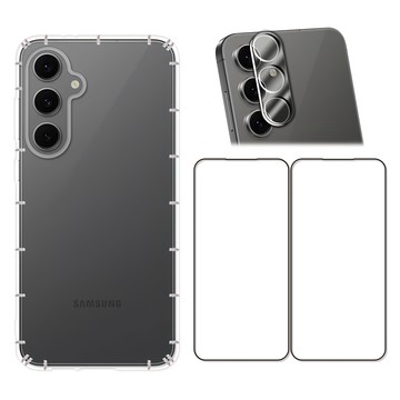 Red Moon 手機殼貼4件組 防摔手機軟殼 + 9H玻璃保貼 2個 + 3D全包鏡頭貼 SAMSUNG S24 FE適用  透明色  1組