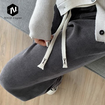 【Nico】臺灣熱銷🔥闊腿褲女春秋冬2025年新款高腰顯瘦垂感抽繩休閒直筒燈芯絨褲子
