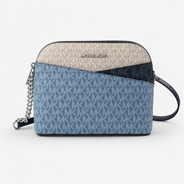 【Michael Kors】Jet Set Travel 滿版LOGO拼接款斜背包 貝殼包(丹寧藍/米白色)