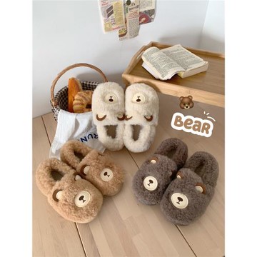 情侶呆萌小熊全包跟棉拖鞋保暖厚底產后月子鞋防滑居家毛毛鞋女冬