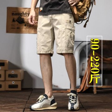 夏季彈力松緊腰純棉工裝短褲男潮大碼系繩寬松五分休閑褲抽繩中褲