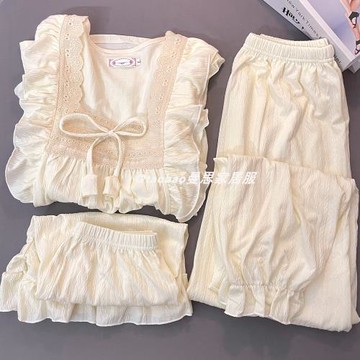 簡約睡衣女夏季短袖長褲三件套家居服夏天純棉宮廷風少女花邊套裝