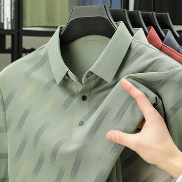【夏季新品 短袖POLO衫 短袖上衣 工作服 冰絲涼感】冰絲短袖t恤男夏季薄款翻領polo衫寬松休閑條紋印花大碼透氣半袖