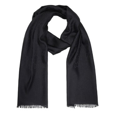 GUCCI 古馳  經典GG緹花印花羊毛混絲流蘇圍巾/披肩(黑色)
