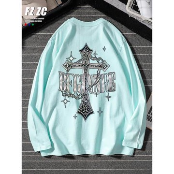 美式小眾復古十字架星純棉寬松長袖T恤男ins秋季潮牌寬松休閑上衣