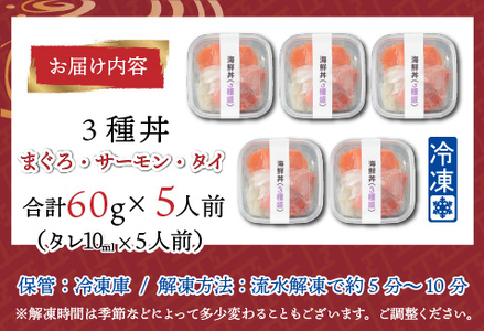 海鮮丼の具3種盛り（マグロ・サーモン・タイ）60g（タレ付） × 5人前