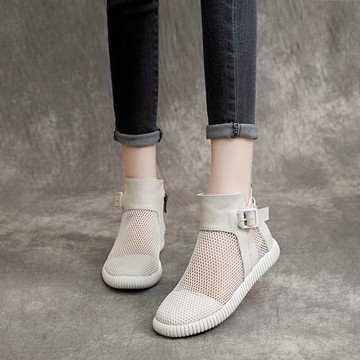2025春夏季新款透氣女短靴網面鏤空薄款平底涼靴真皮軟底軟面網靴