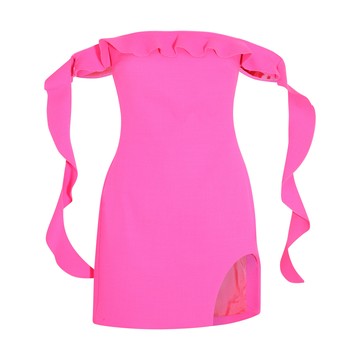 David Koma - Neon Pink Wool Off-shoulder Mini Dress