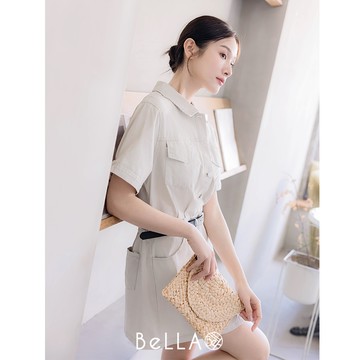 【1+1優惠】BeLLA 個性口袋連身短洋裝 杏色