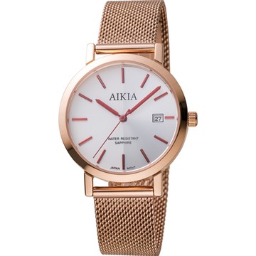 AIKIA 簡約米蘭時尚腕錶-3A2309GWT3/玫瑰金色x紅刻度 34mm