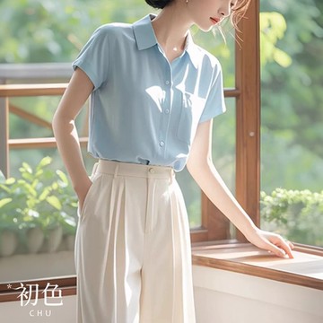 初色 純色翻領口袋短袖襯衫上衣女上衣/純色收腰口袋休閒褲寬褲長褲-共2款-36758(M-XL可選)